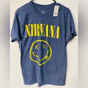 Nirvana Unisex T-Shirt Yellow Smiley Denim Heather Color Size M NWT Grunge rock